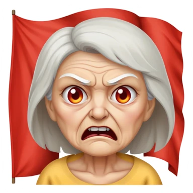 Angry old woman in front of distress flag sticker