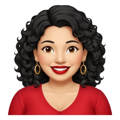 40 yr old Mexican woman, slightly chubby, wavy/curly long black hair, red lipstick, big smile, white teeth, brown eyes, hoop earings, side part to hair, round face, nice blouse, no wrinkle hair side swept, big hoop earing sticker