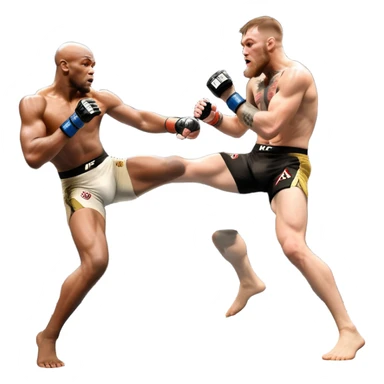 An MMA showdown between Conor McGregor and Anderson Silva in the octagon. McGregor is executing a powerful jumping strike, while Silva is expertly blocking the attack with his forearm. The background features the UFC octagon, fans in the distance, and dynamic action. Transparent background sticker