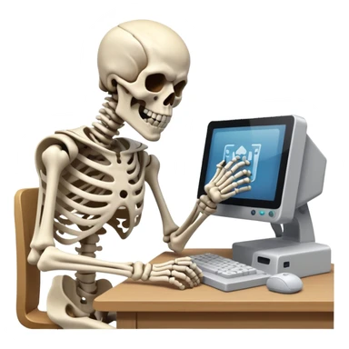 Skeleton punching his computer at his desk while raging at video game sticker