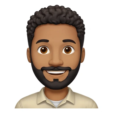 Caribbean man in his early 40s with medium brown complexion. Round friendly face. Energetic expression with wide smile. Cheerful dark eyes. Thick eyebrows. Wide nose. Well-groomed full black beard. Short curly black hair with faded sides. Wearing a cream colored casual shirt. sticker