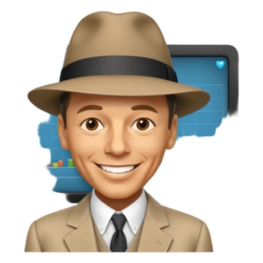 Frank Sinatra with the hat on, smiling and showing data analytics on a screen in the background sticker