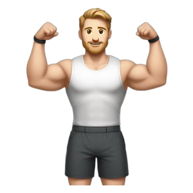 Full height Actively gesturing with hands Pale skinned Fit Man With the biceps and brown hair in dark gray Sleeveless Mike, black oversize sports shorts, watch and white Sneakers sticker