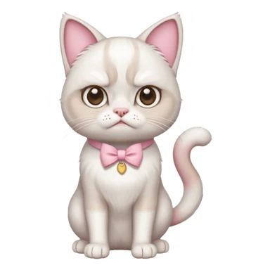 A White grumpy cat with light pink ears and paws and with a bow around its neck. The cat shall be on two legs sticker
