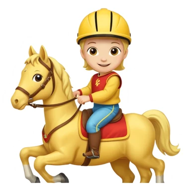 baby riding horse wearing racing cloth yellow sticker