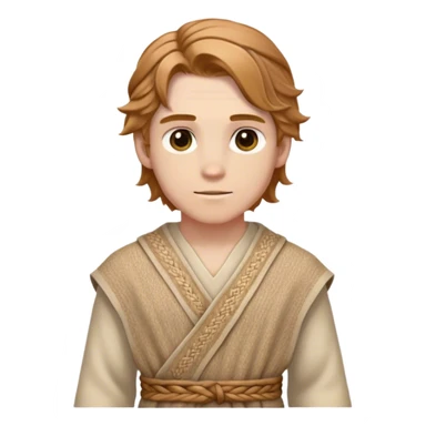 Medieval spring outfit worn by a DnD themed fantasy male character. Wheat-colored wool tunic with subtle herringbone weave pattern, cinched with a braided fabric sash. Clothes only above the waist, full waist coverage. The character has no arms. Character is white-skinned with light chestnut hair, golden brown eyes, and medium-length wavy hair. sticker