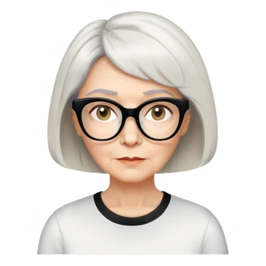 white older woman about 60 with light warm skin, short black bob haircut with slight waves at ends, neutral expression, large black shiny butterfly or cat-eye glasses, white casual t-shirt, calm and creative energy sticker