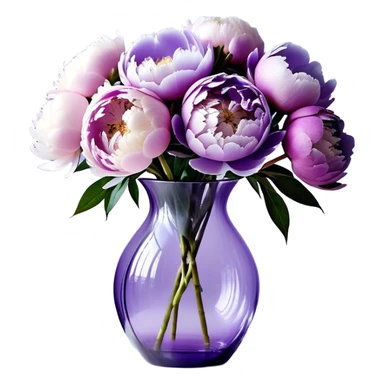 "A stylized bouquet of peonies in soft shades of light purple, pastel lilac, and icy lavender, arranged in a semi-transparent violet glass vase with exaggerated curves. The petals have a flowing, almost watercolor-like texture, blending seamlessly into each other. A wide, silky ribbon in a matching pastel purple hue wraps around the vase, with elegantly elongated ends that twist and curl in the air."
 sticker