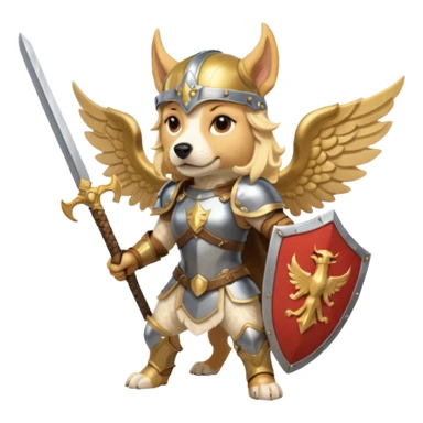 dog freya has sword and shield. she is a valkyrie and has wings. dynamic pose sticker