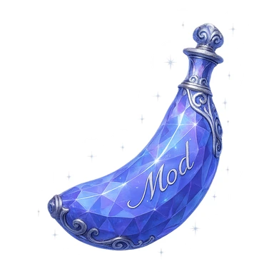 luxurious crystal elixir bottle in banana shape, color #7986cb, ornate silver and iridescent details, magical glowing and sparkling effects, very small neck, seamless bottom, bottle clearly floating in air, no base or shadow, modern, collection style, the word 'Mod' written on the bottle sticker