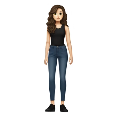 tall skinny brunette haired girl with brown eyes medium wavy hair and middle part curtain bangs wearing dark wash jeans and black high neck tank top and black mary jane heel shoes standing and holding fat black cat with white spot on its belly sticker