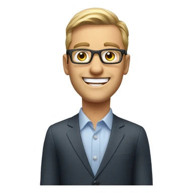 white male sales call agent wearing opticals smiling and welcoming sticker