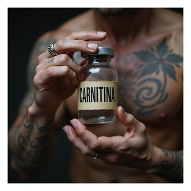 bodybuilder with tattoos, hyperrealistic, holding a vial with a label 'CARNITINA' in large block letters, 4k quality sticker