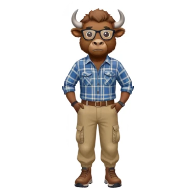 friendly anthropomorphised bison in cargo pants and plaid shirt, wearing glasses, jogging upright, relaxed pose sticker