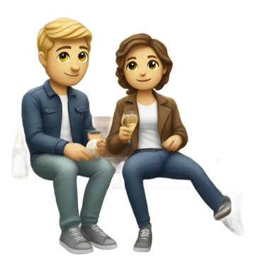 couple of white people with brown hair, sitting closely on a park bench, enjoying a romantic moment. One person is holding a croissant, and the other is holding a glass of Prosecco.  sticker