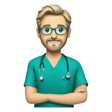 male dark blond with grey beard doctor with blue-green eyes and wire-rimmed glasses in teal scrubs holding a paintbrush and a jigsaw sticker
