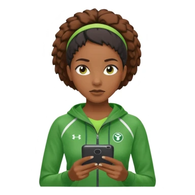 A calm black female coach with folded arms, analyzing the game with sharp focus, green clothes sticker