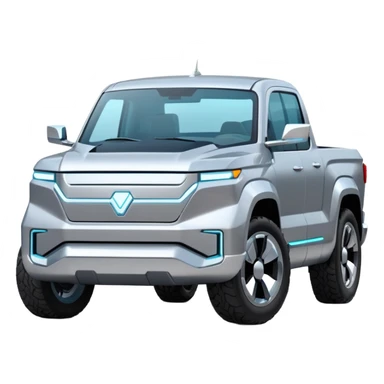 A futuristic electric pickup truck emoji, silver chrome body, angular cyber design, smooth metallic panels, subtle reflections, minimalistic proportions, iOS emoji style, centered composition, clean white background, soft lighting sticker