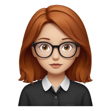 red-brown haired girl, middle length straight hair - wavy towards the ends, brown almond eyes, thick black glasses, oversized shirt sticker