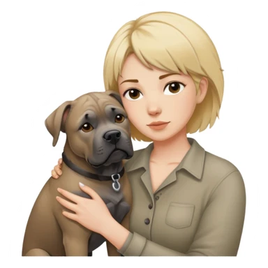 Woman with short messy blonde hair sharing a hug with her fawn colored Cane Corso dog who has short pointed ears sticker