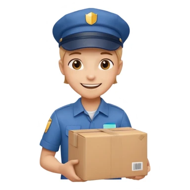  delivery worker holding a cardboard package. Wearing a cap and uniform shirt, smiling expression. Rounded, glossy, smooth, soft shadows, white background.




 sticker