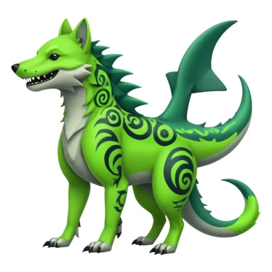 Edgy cool badass Neon-green landhai-sergal-dingo-hyena-wolf-raptor, with a shark tail, with black and dark-green swirly patterns markings sticker