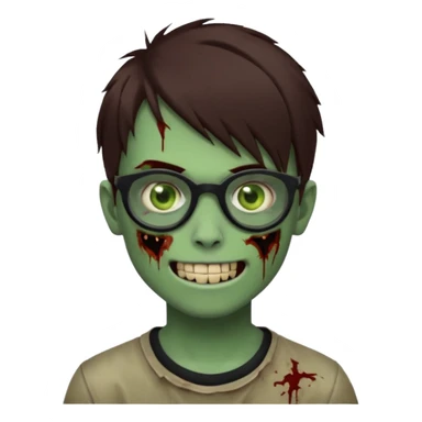 Zombie emo boy, green skin and brown hair and brown eyes, black glasses and a scary smile with a cut on the side, scars and blood under eyes sticker