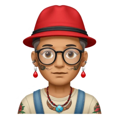 unique looking tourist with big unique red tourist hat and earrings, man with lots of tattoes and spectacles, hair showing sticker