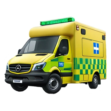 NHS Mercedez sprinter ambulance, yellow body, with green and yellow checkerboard print along the bottom. NHS logo on the side.  sticker