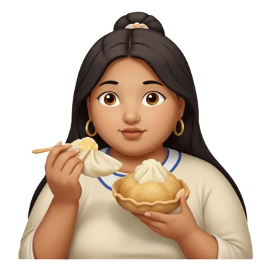 Can you create an emoji of a half Indian - half white 23 year old girl with dark brown mid length hair and brown eyes who is super obese and eating a dumpling. Can the emoji be from head to toe sticker