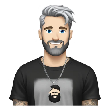 Younger white male that has grey blue eyes, dark brown hair with grey on the sides, a beard, and tattoos. He is wearing a diamond coated white gold necklace and a black punk band t-shirt while waving hello sticker