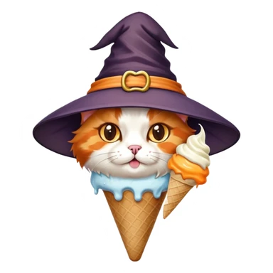 calico cat with witch hat eating icecream sticker