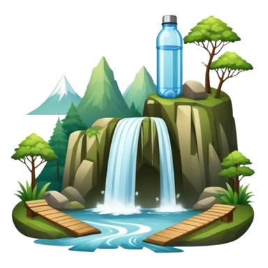 Icon for Ecotourism: a scenic landscape with lush green forests, a waterfall, and wildlife, such as birds or animals, with hiking trails and eco-friendly travel elements like a reusable water bottle. Transparent background. sticker