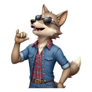 friendly anthropomorphised wolf in jeans and plaid shirt, wearing dark sunglasses, howling with the moon in the background, upright pose sticker