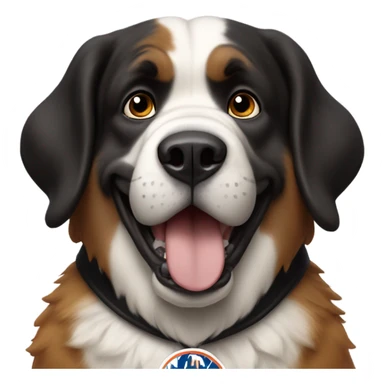 St. Bernard with a huge smile with a Black Mets uniform  sticker