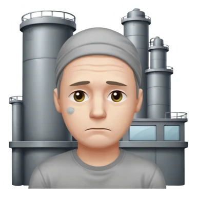 tired sad man with sweat on forehead, factory behind sticker
