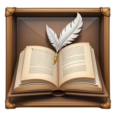Icon for Reading Fiction: an open book with pages fluttering, surrounded by a quill, an ink bottle, and a cozy reading nook. The icon should represent the immersive world of literature and storytelling. Transparent background. sticker