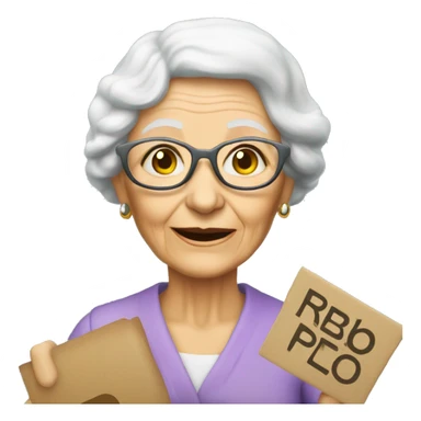 elderly woman holding a sign that says: PARABENS PELO BELO RP sticker