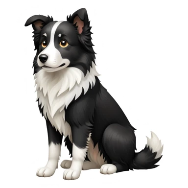 cinematic-[border collie dog]-realistic-full-body-sitting-emoji,-tail-resting-loosely-beside-its-paws,-head-tilted-dramatically,-scruffy-[black and white]-fur,-simplified-yet-realistic-focused-features,-highly-detailed,-glowing-with-an-almost-sarcastic-glow sticker