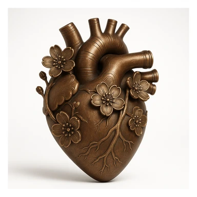 heart with sakura flowers and silver accents, bronze style sticker