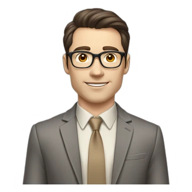 Pale skinned fit man with dark brown hair in gray jacket, beige office shirt, brown tie, brown pants and vintage glasses Writing on the marker board sticker