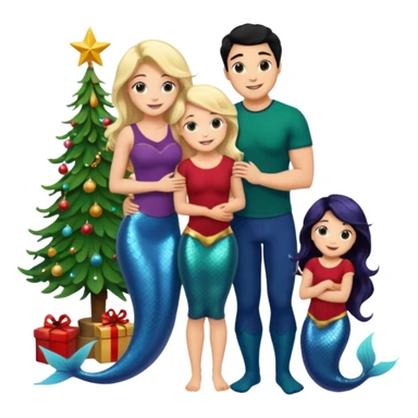 Generate Christmas-style emojis  family. Where light-skinned people stand near the tree all together, hugging and smiling.  girl should be Light-haired woman, mermaid woman, black-haired woman, and 1 man . Add 4 people: Mother, Sister, Sister, Brother  sticker