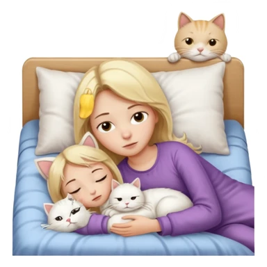 They recreate a photo of a blonde girl with light brown eyes, lying in bed sick with the flu, with her cat white nearby. sticker
