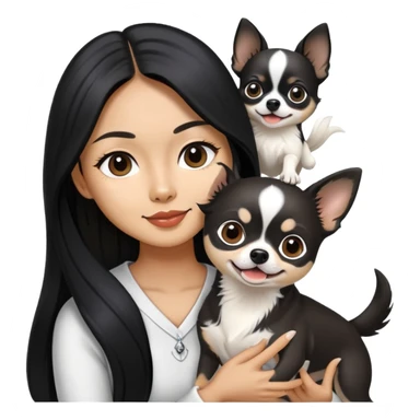Thai woman with flowing black hair playing with a black and white Chihuahua dog sticker