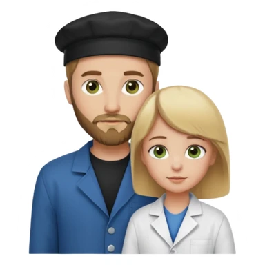 a blonde bearded guy wearing black cap, tall, fair skinned, brown eyes,  looking into the girls eyes who is short than him having green eyes and brown hair, who is in love with the guy, girl is wearing a lab coat, guy is wearing a brown jacket and blue jeans sticker