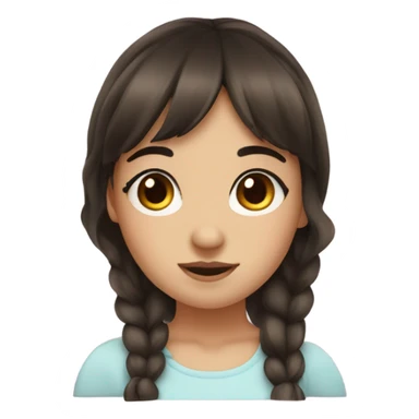 girl with wispy bangs and dark brown hair, brown bambi eyes and a soft round face sticker