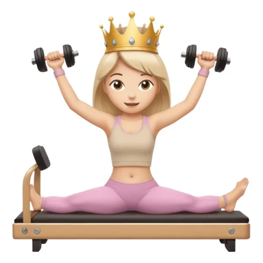 Sticker emoji of a girl doing Pilates arm exercises on a reformer, holding light dumbbells. Small crown, happy expression, beige outfit. Kawaii proportions, white outline, transparent background. sticker