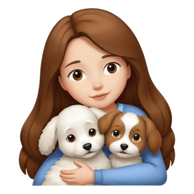 White bishon dog in hug with girl with long brown hair an sticker