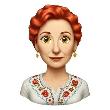 A middle-aged Ukrainian woman writer in an embroidered shirt with red hair
 sticker