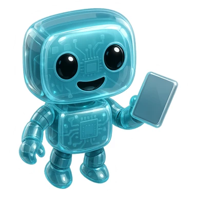 Robotukas pasisukęs priekiu, glossy circuit stilius, pagrindinė spalva #6fe8f3 žydra, miela išraiška, vietoj gėlytės rankoje laiko tabletę, be fono. sticker